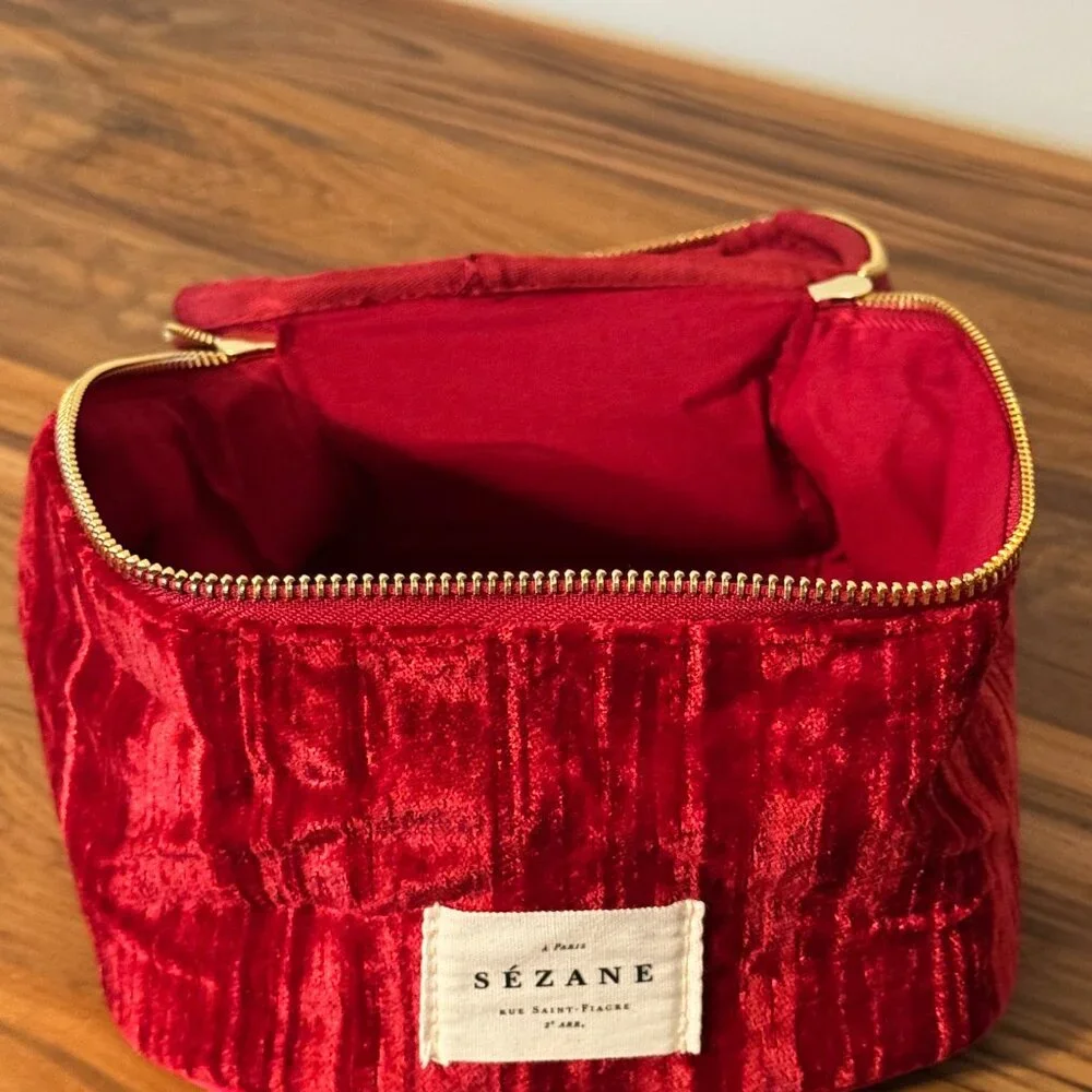 Sezane Lifestyle Crimson Velvet Vanity Case with Tassel and soft handle